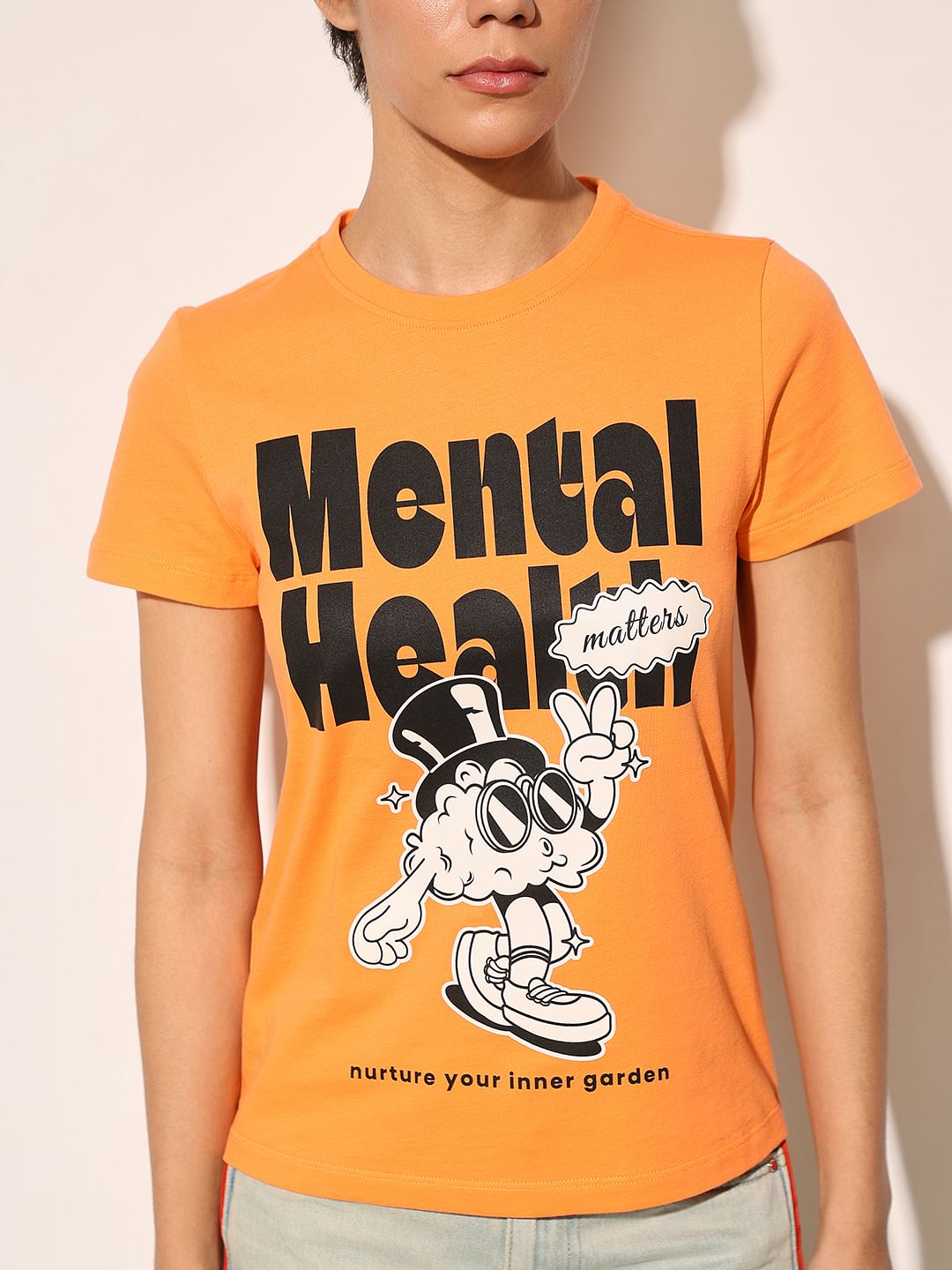 Orange Printed Cotton T-Shirt