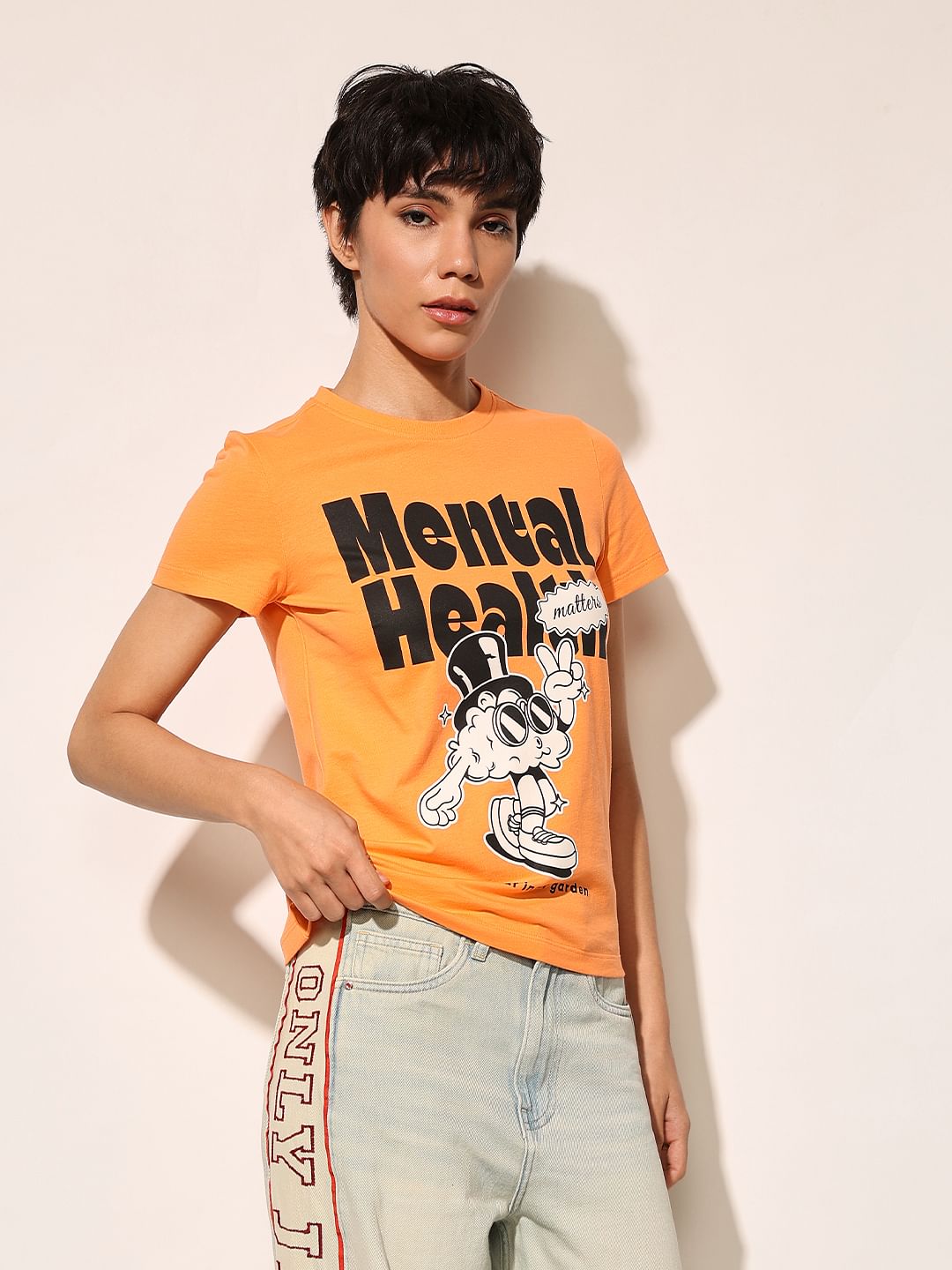Orange Printed Cotton T-Shirt