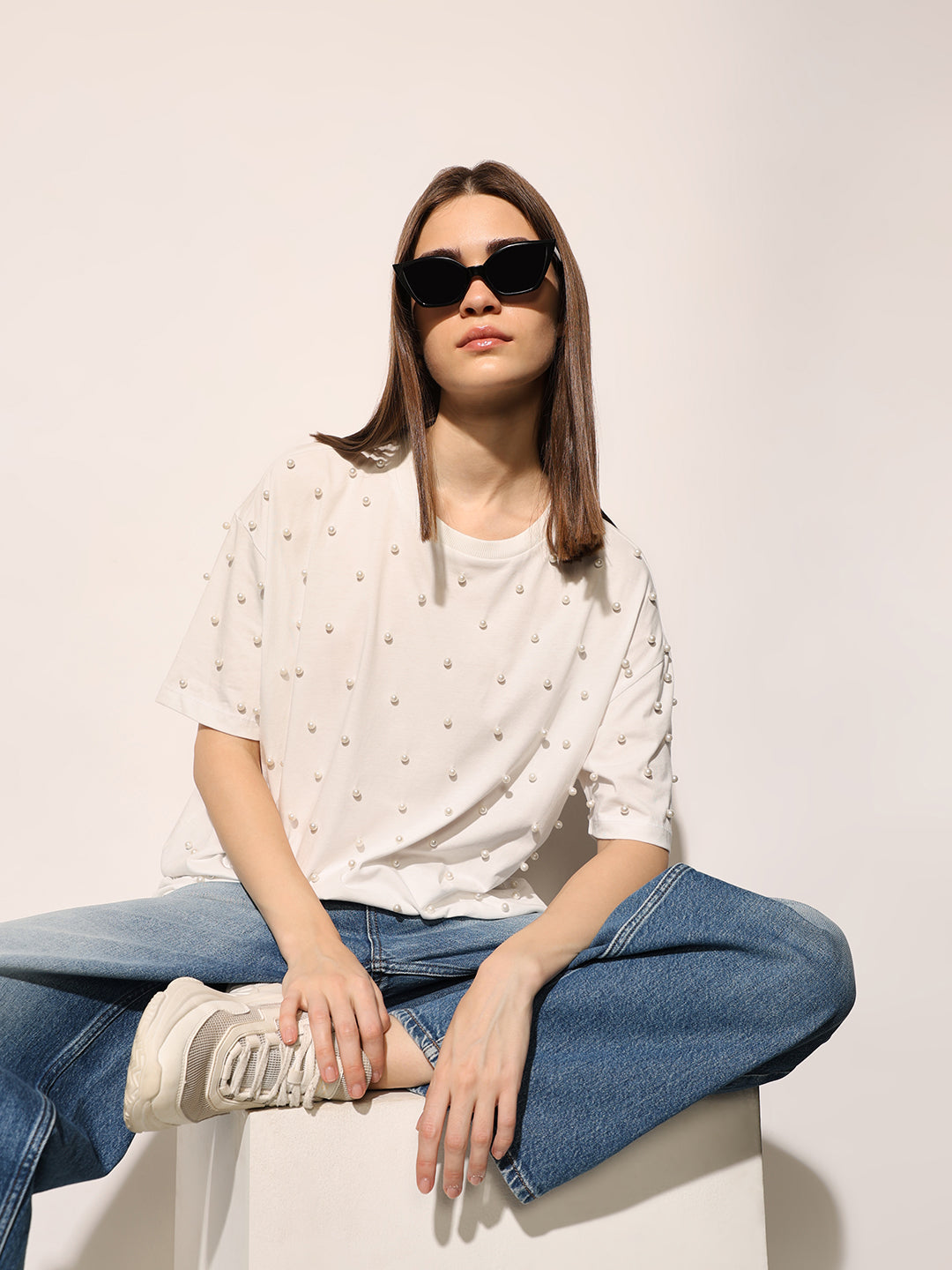 White Pearl Embellished Cotton T-shirt