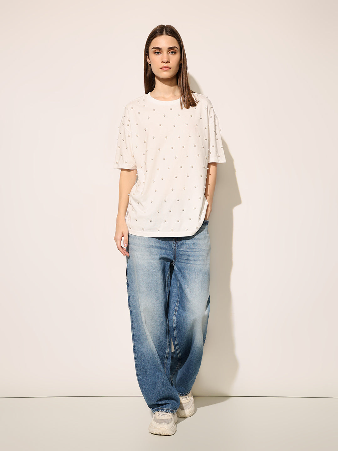 White Pearl Embellished Cotton T-shirt