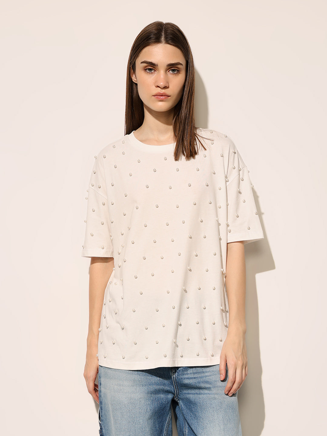 White Pearl Embellished Cotton T-shirt