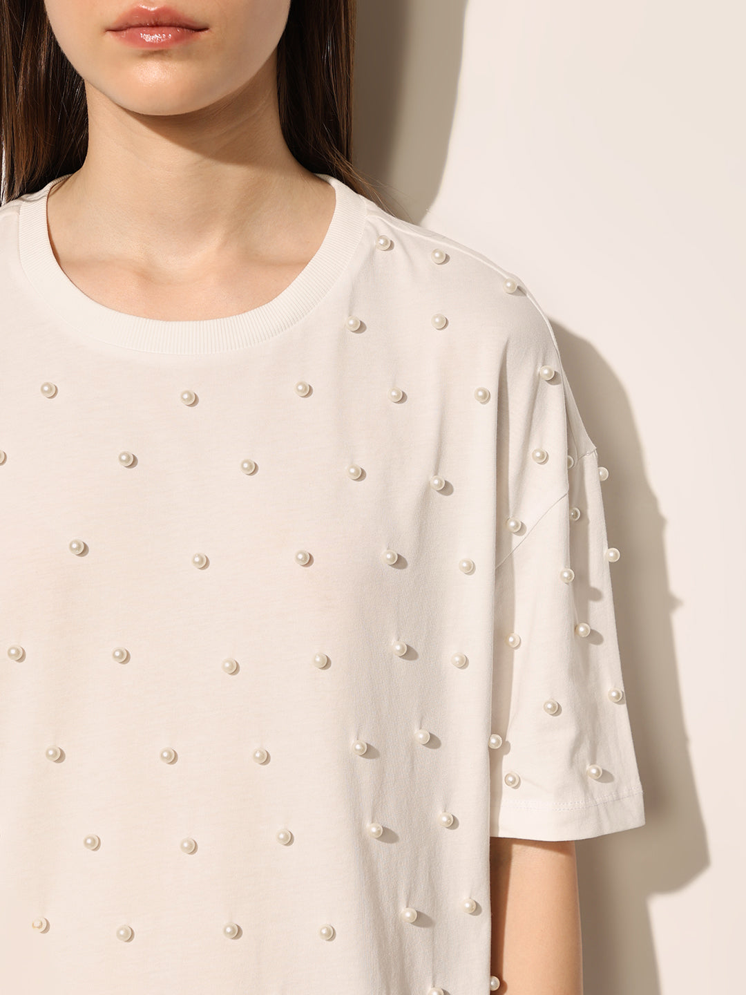 White Pearl Embellished Cotton T-shirt