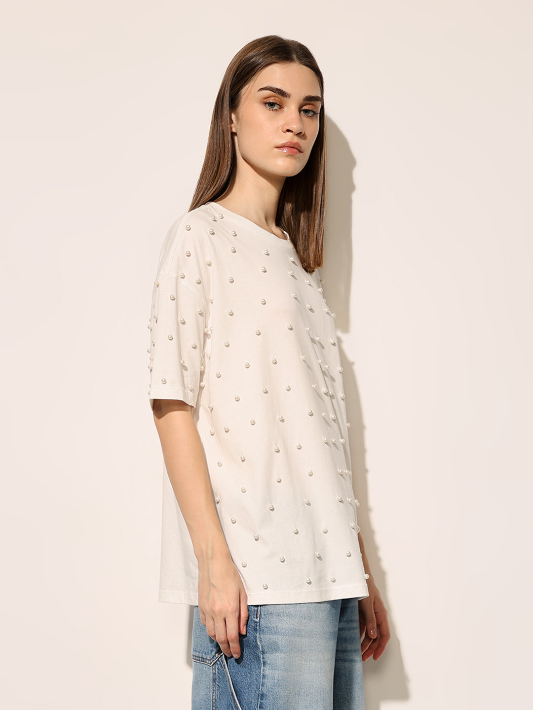 White Pearl Embellished Cotton T-shirt
