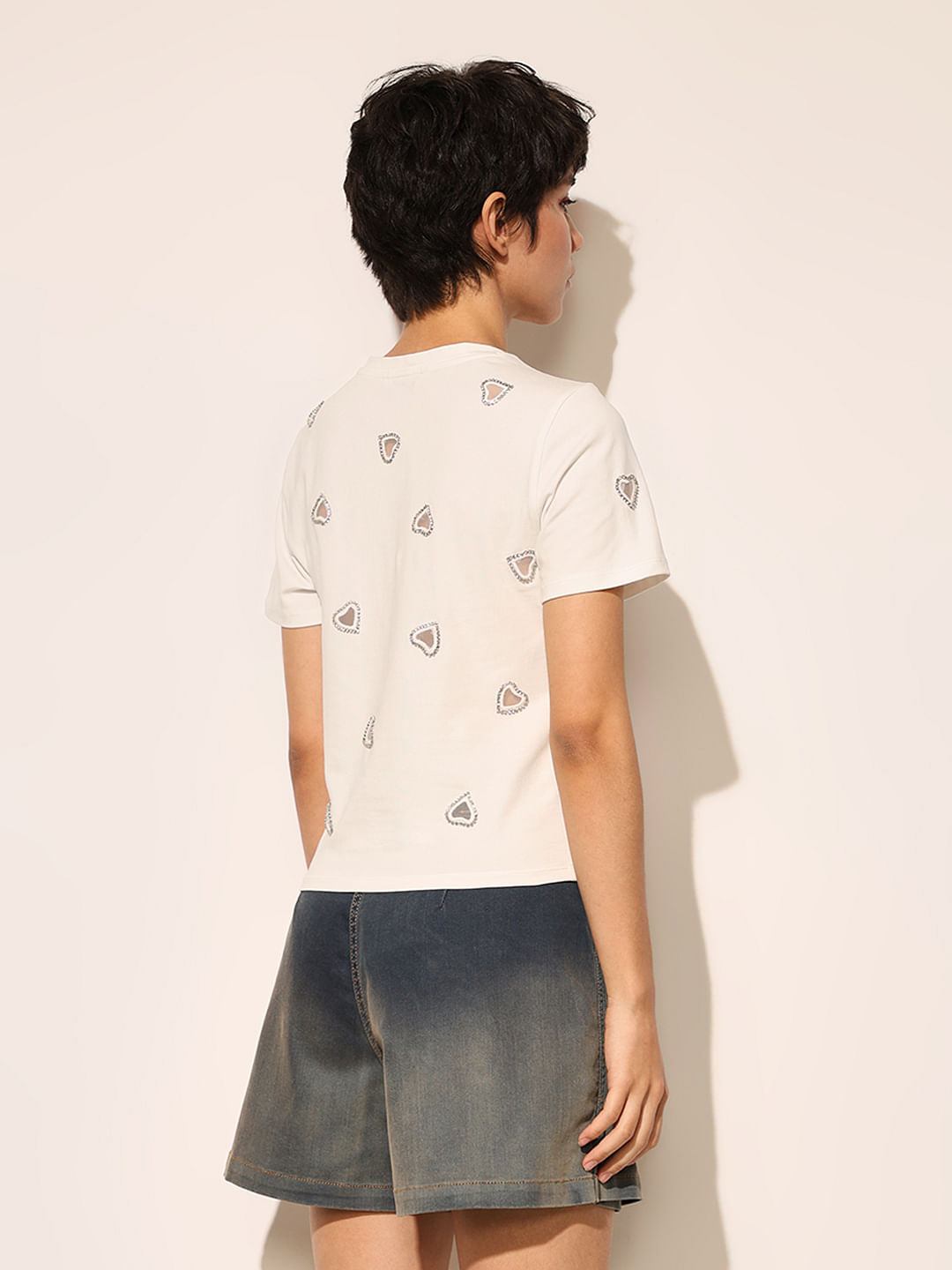 White Cut-Work Rhinestone T-Shirt