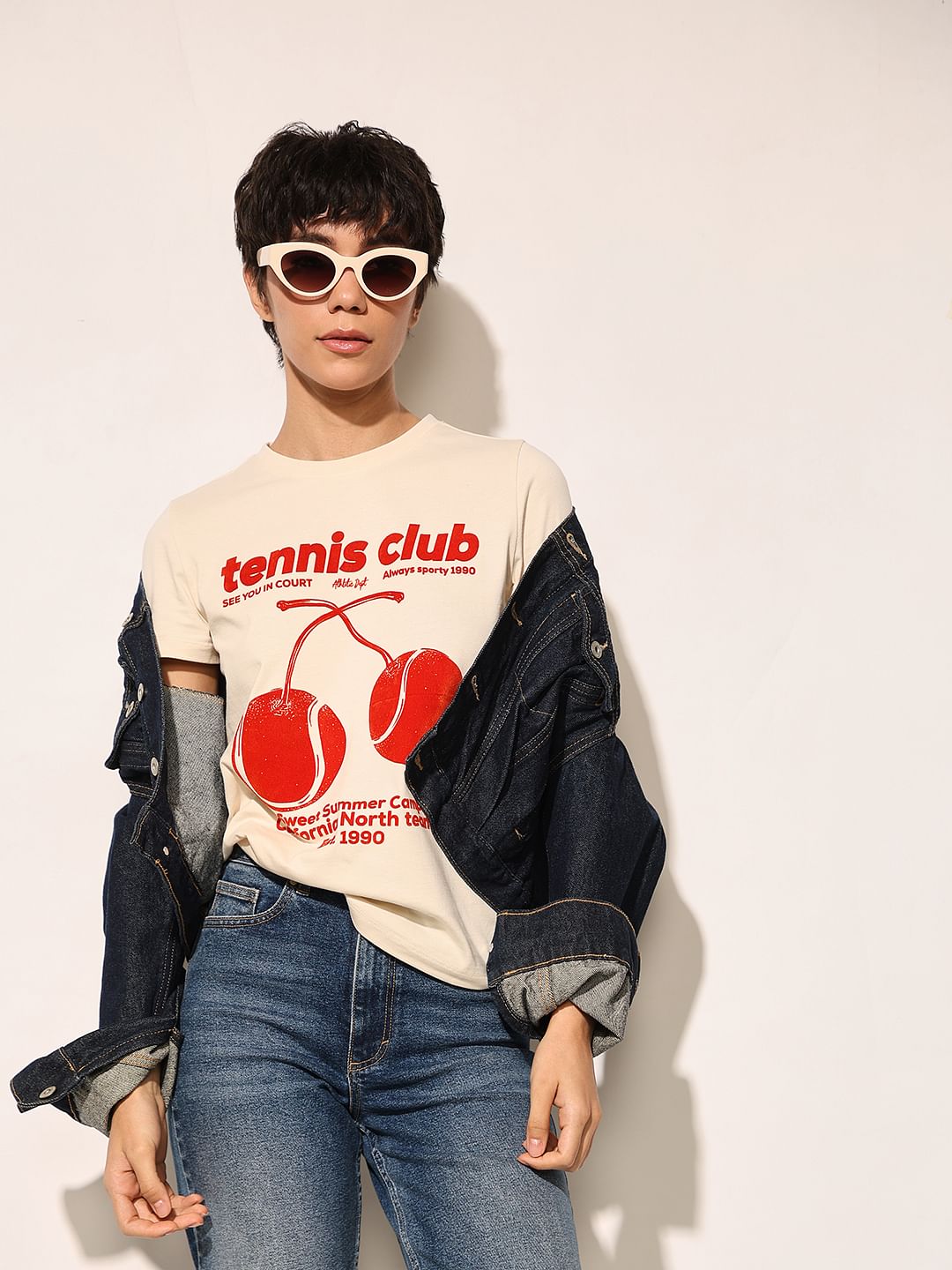 Beige Printed Cotton T-Shirt