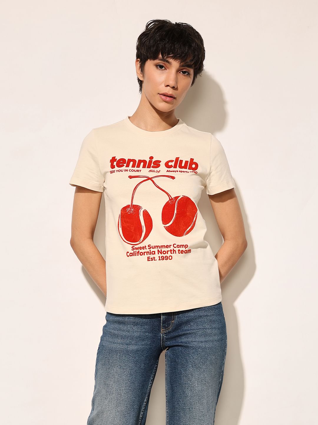 Beige Printed Cotton T-Shirt