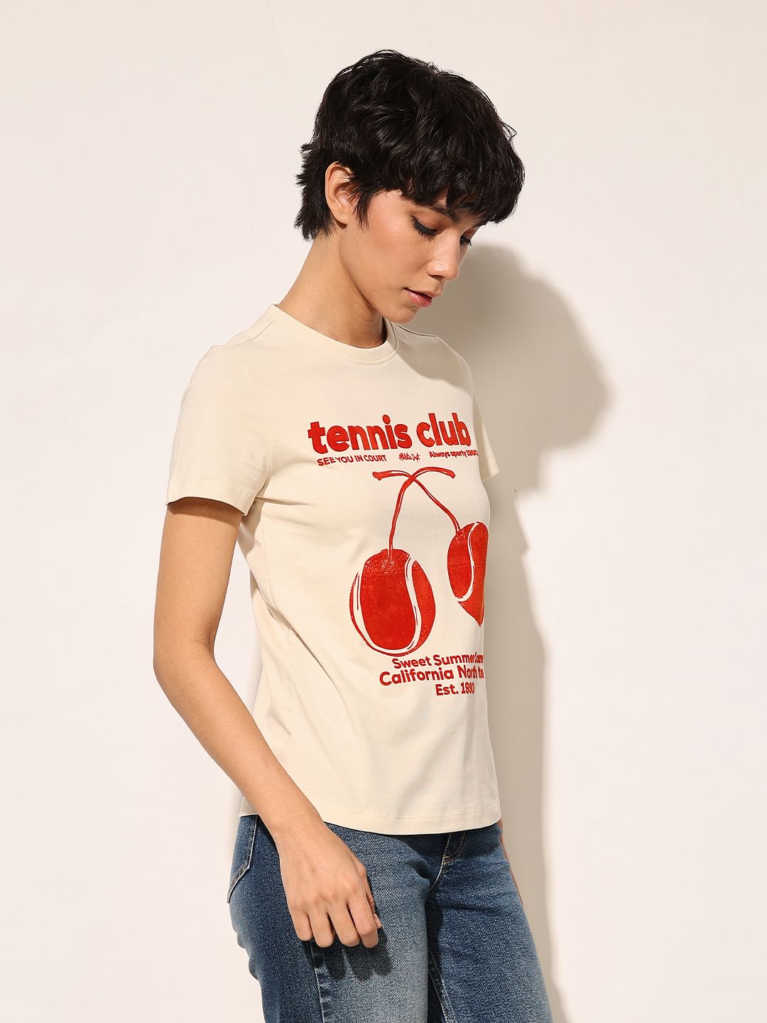 Beige Printed Cotton T-Shirt