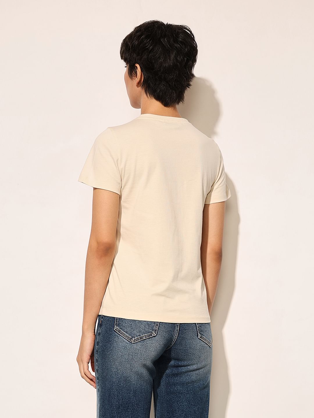 Beige Printed Cotton T-Shirt