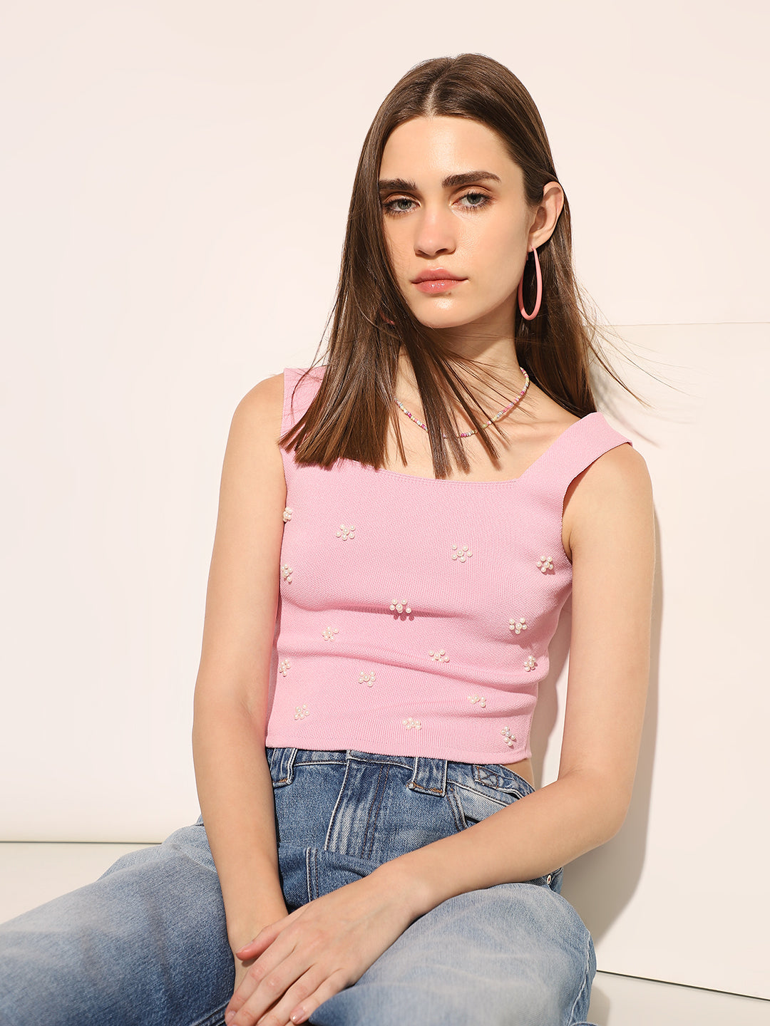 Pink Embellished Knit Top