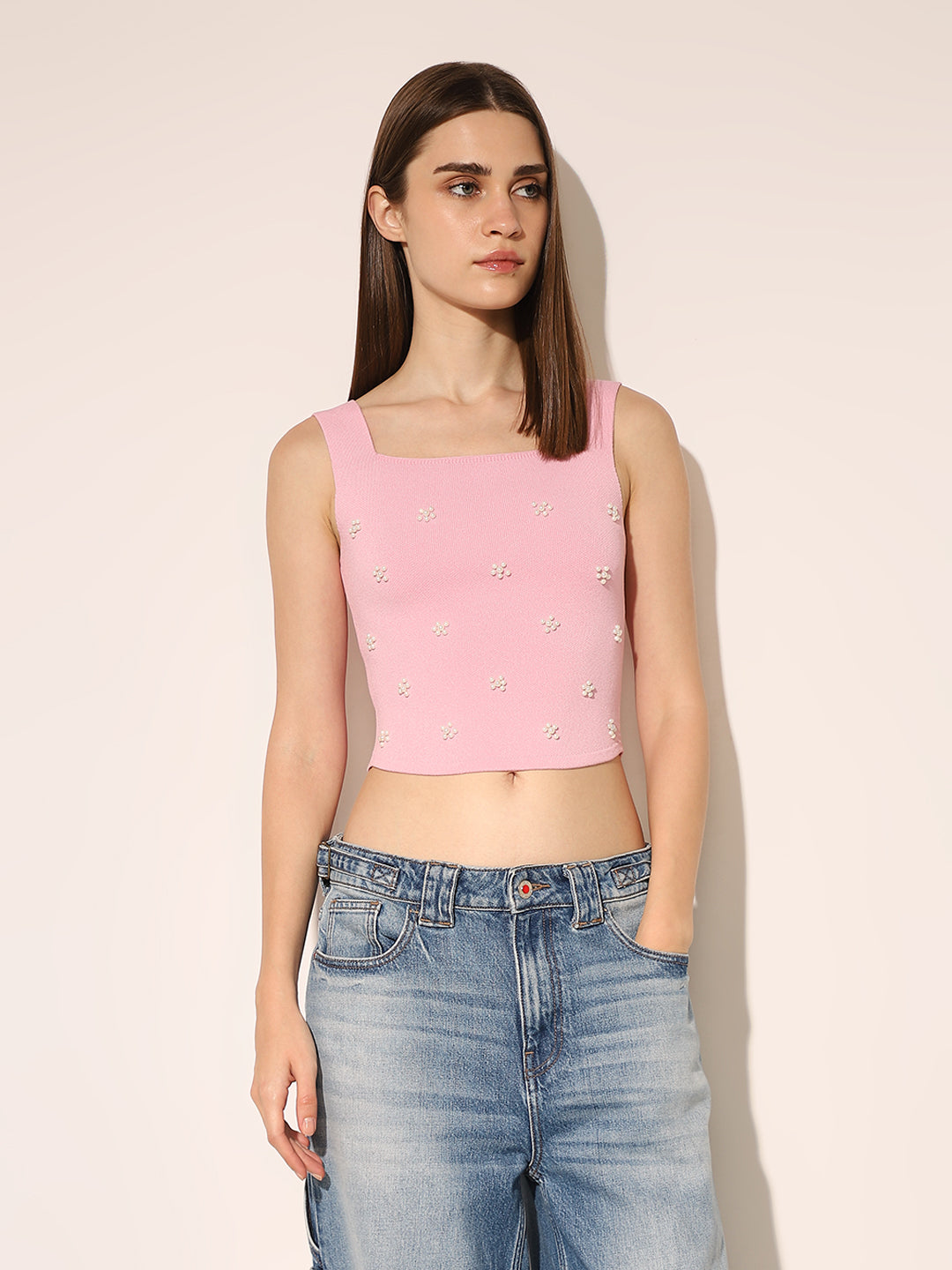 Pink Embellished Knit Top