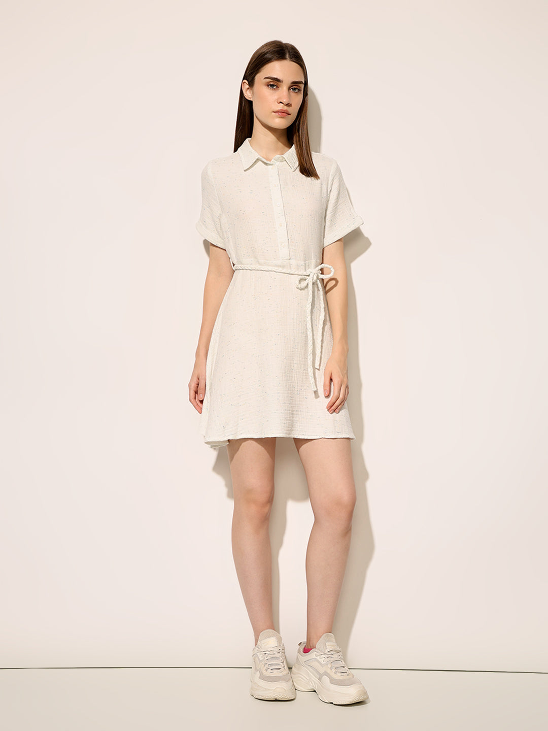 White Tie Belt Shirt Dress