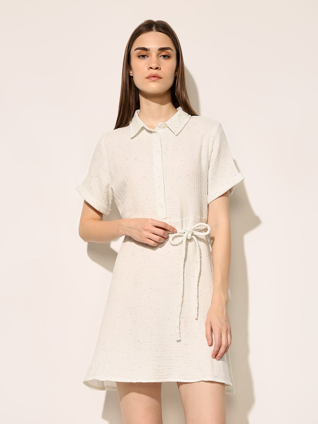 White Tie Belt Shirt Dress