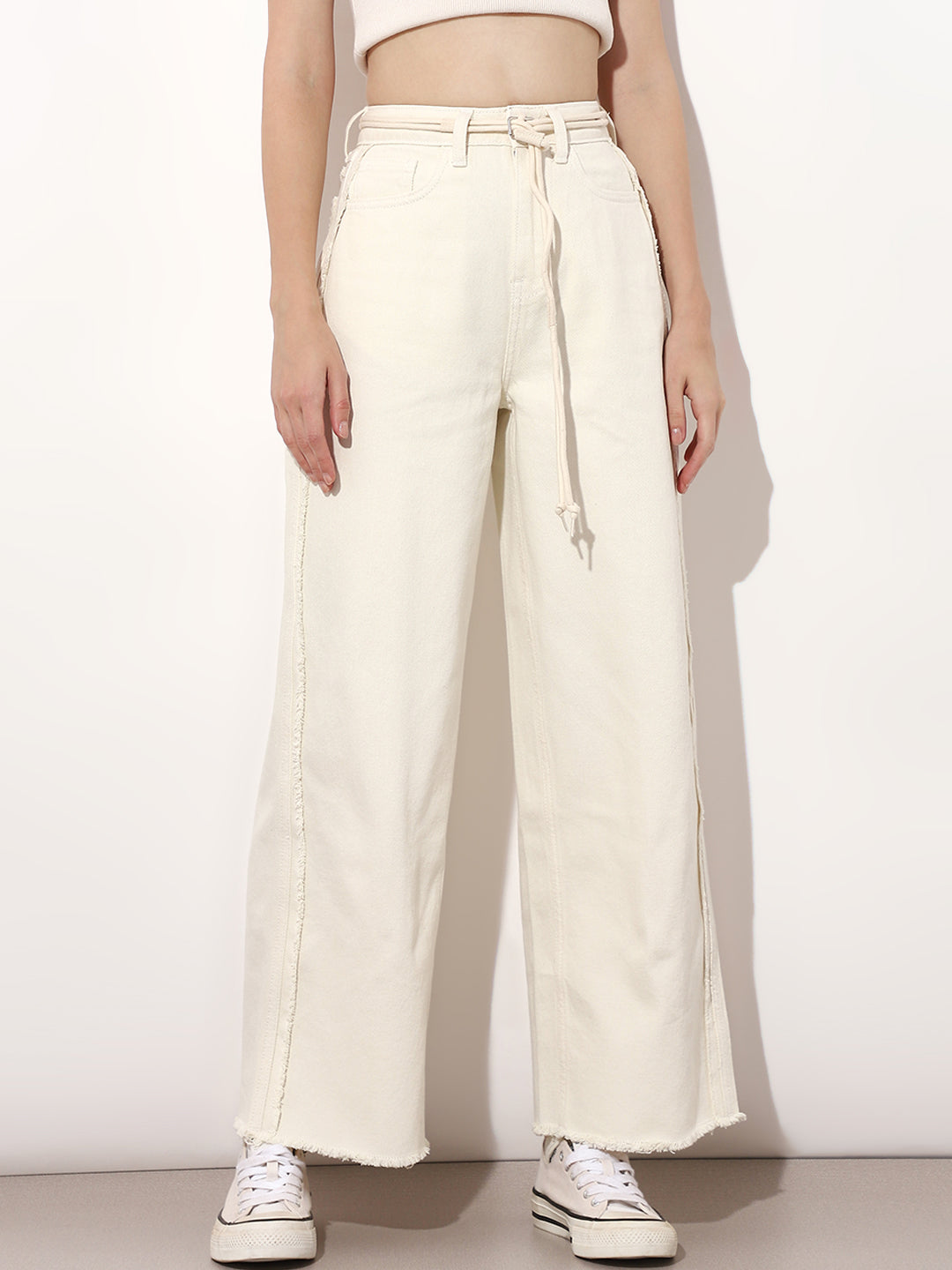 Cream Raw Edge Wide Leg Jeans