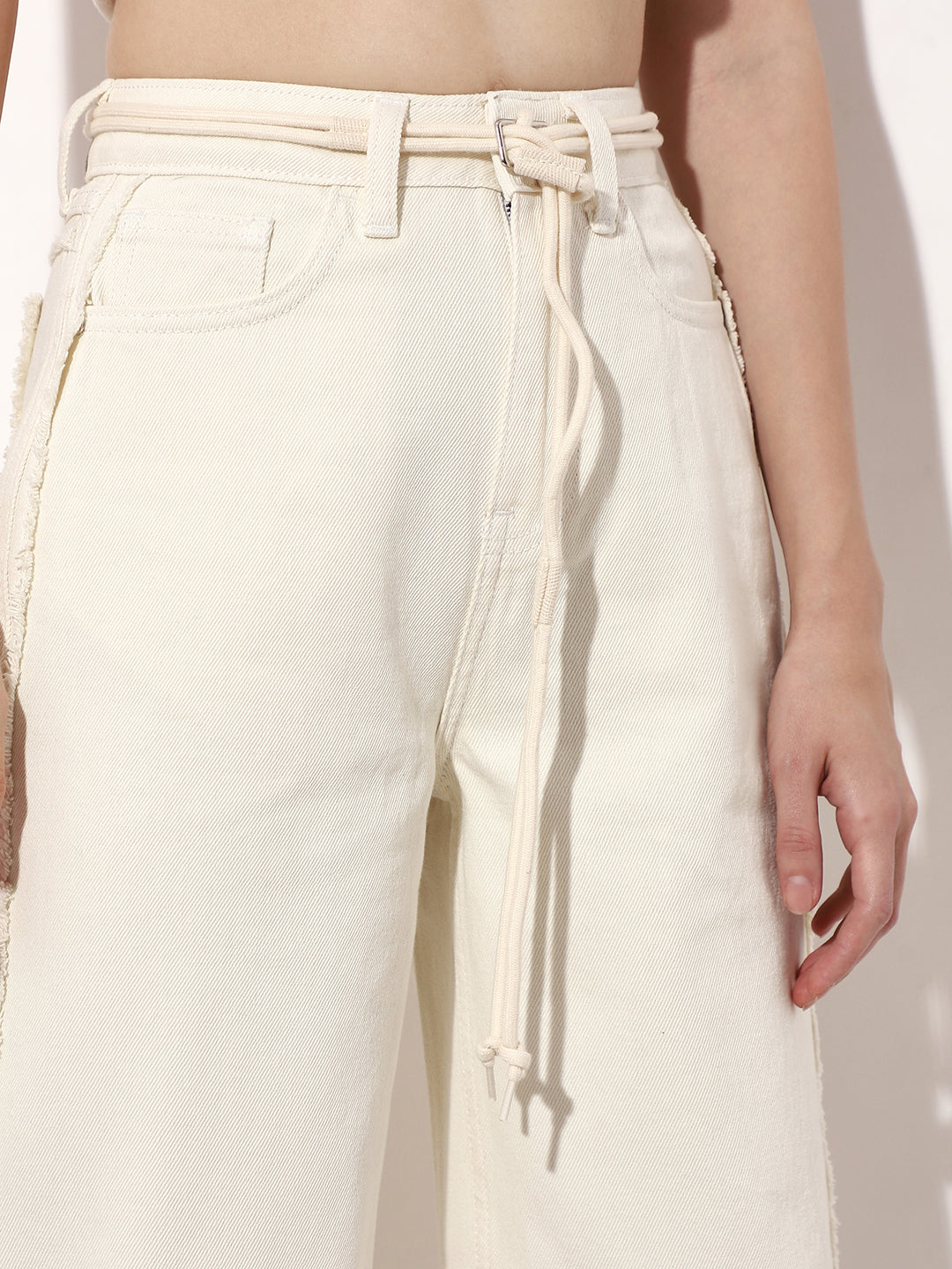 Cream Raw Edge Wide Leg Jeans