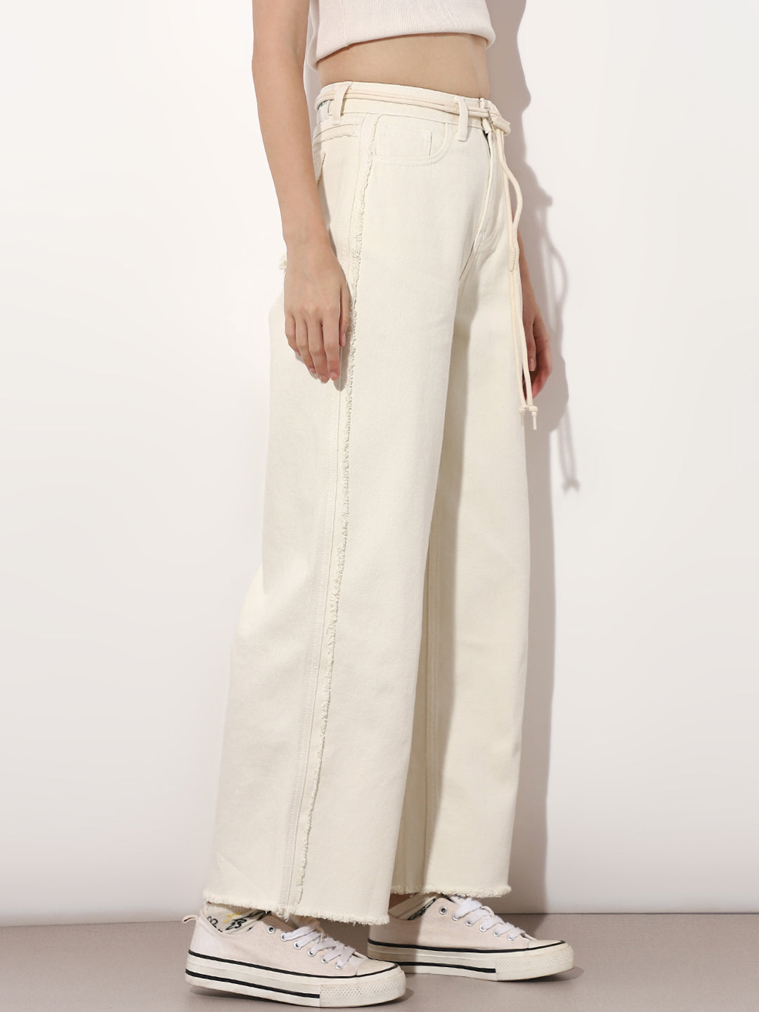 Cream Raw Edge Wide Leg Jeans