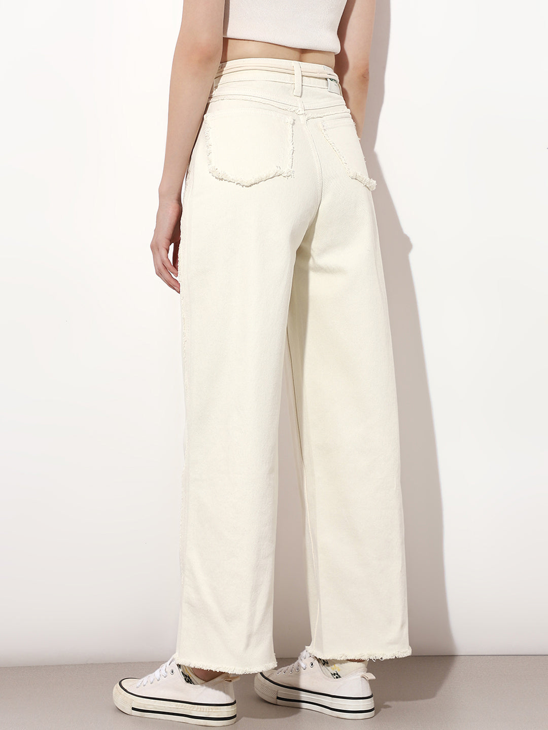 Cream Raw Edge Wide Leg Jeans