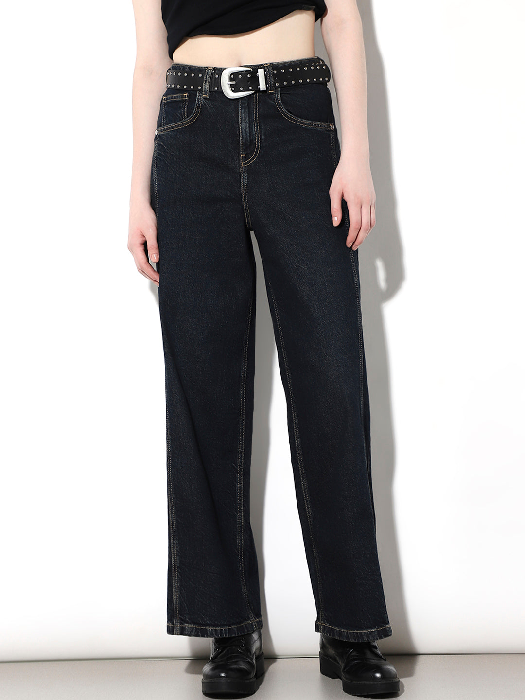Dark Blue High Rise Wide Leg Jeans