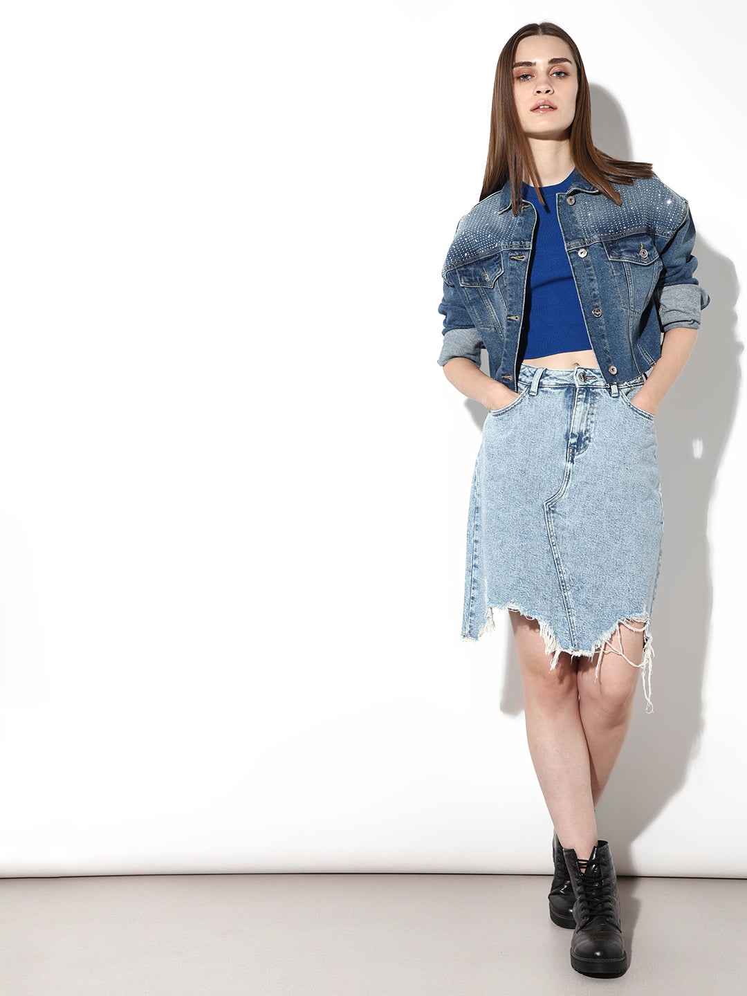 Light Blue Distressed Edge Denim Skirt