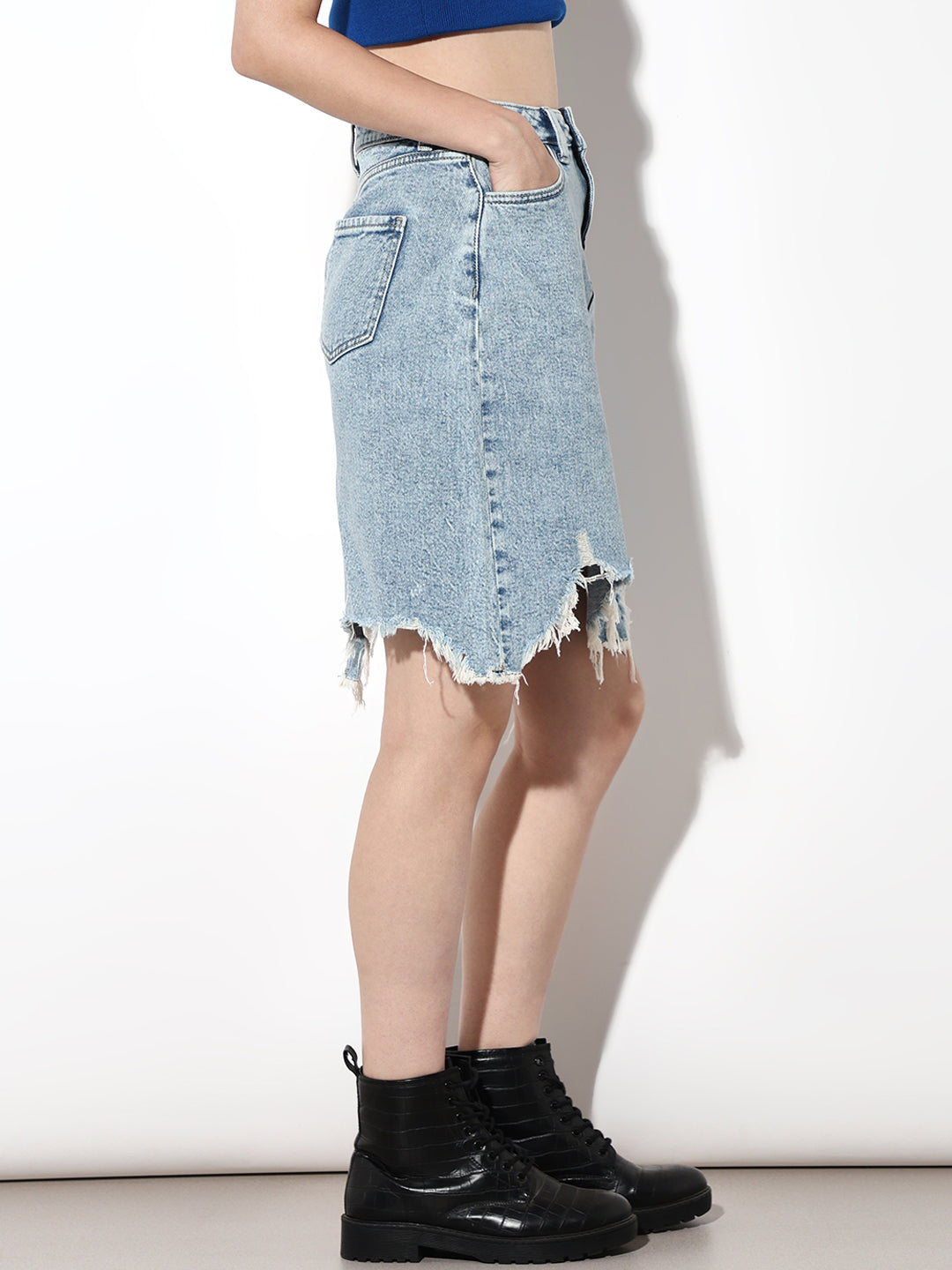 Light Blue Distressed Edge Denim Skirt