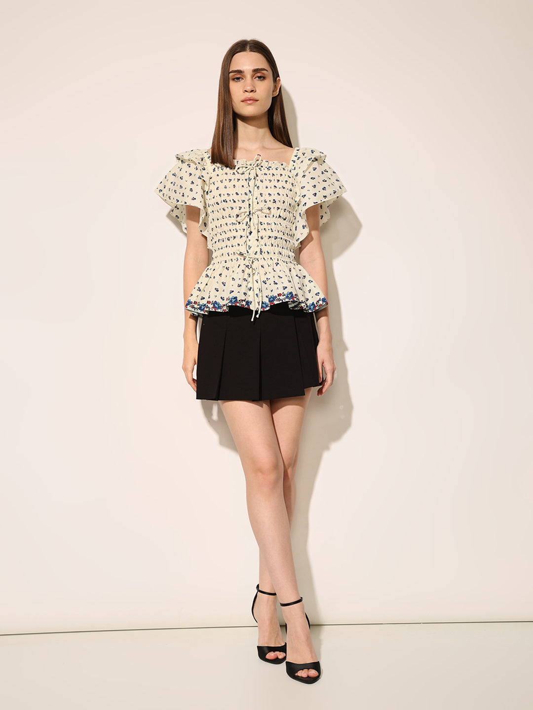 White Printed Smocked Top