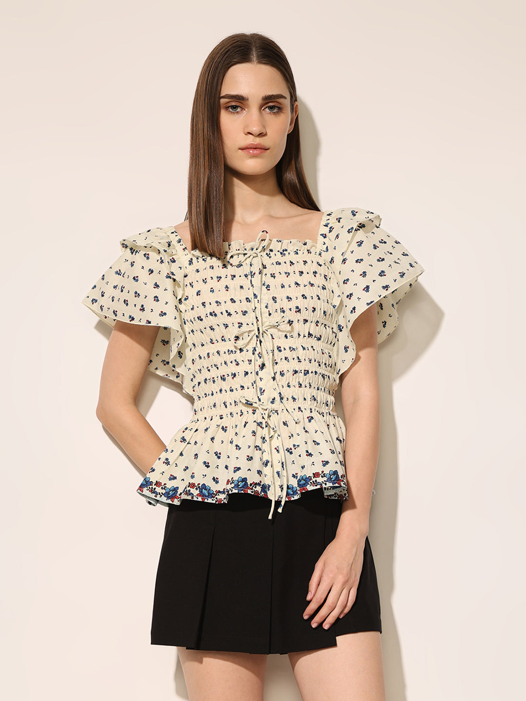 White Printed Smocked Top