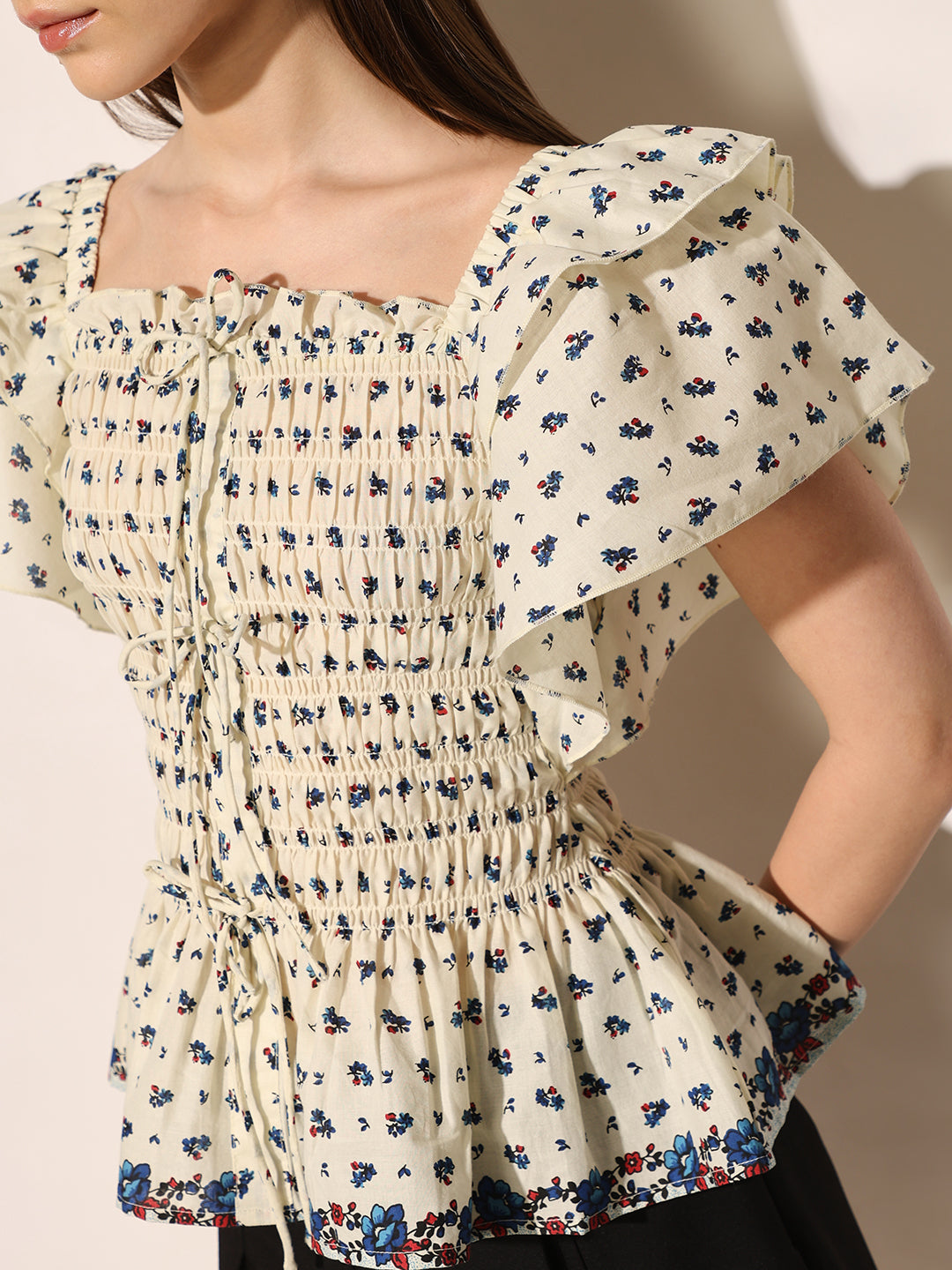 White Printed Smocked Top