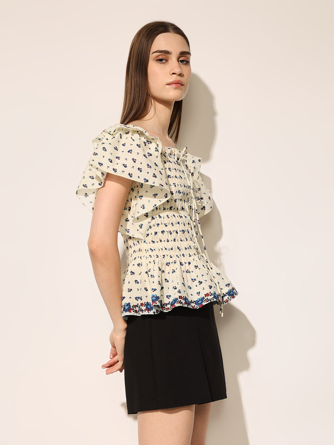 White Printed Smocked Top