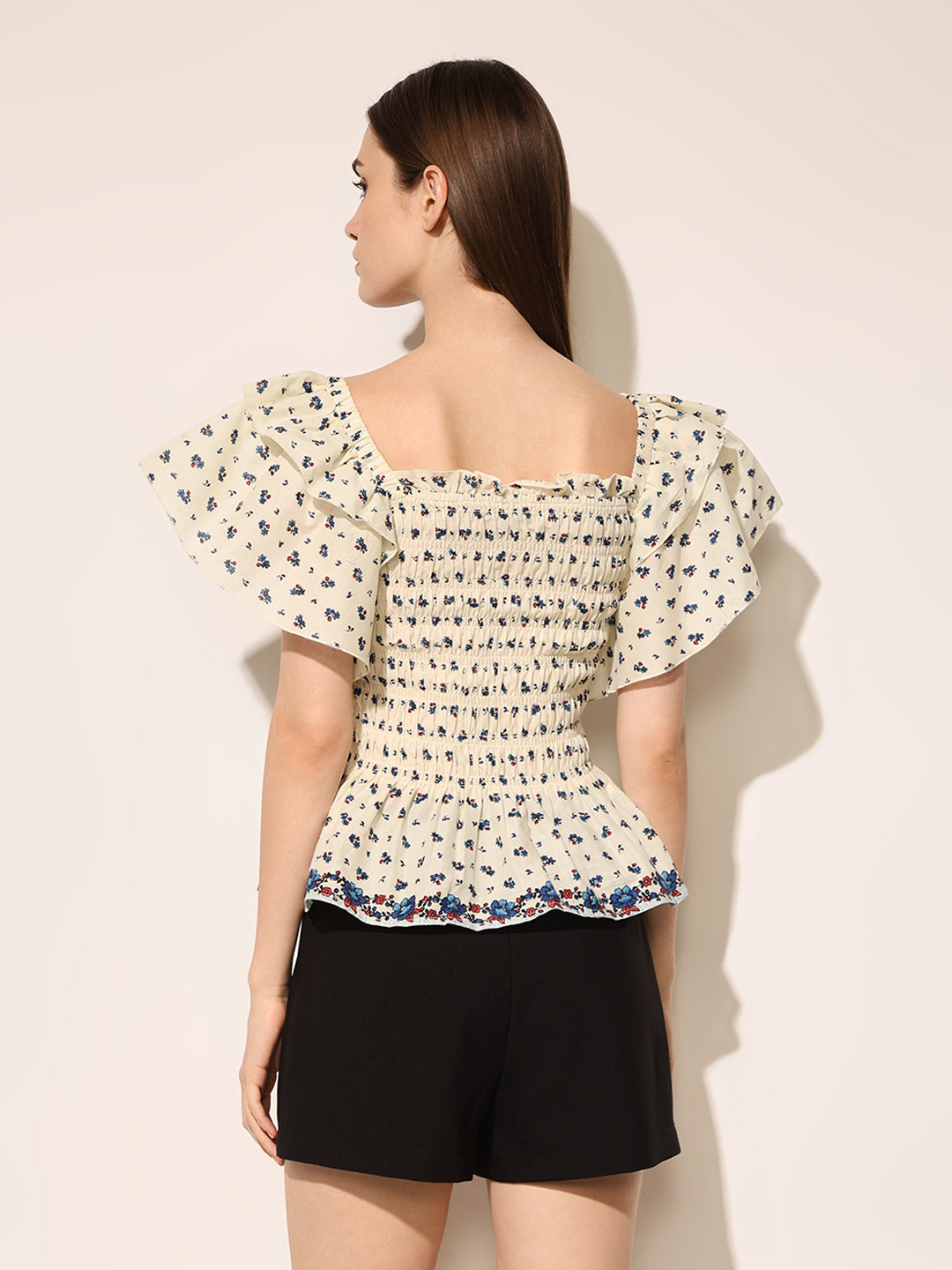 White Printed Smocked Top