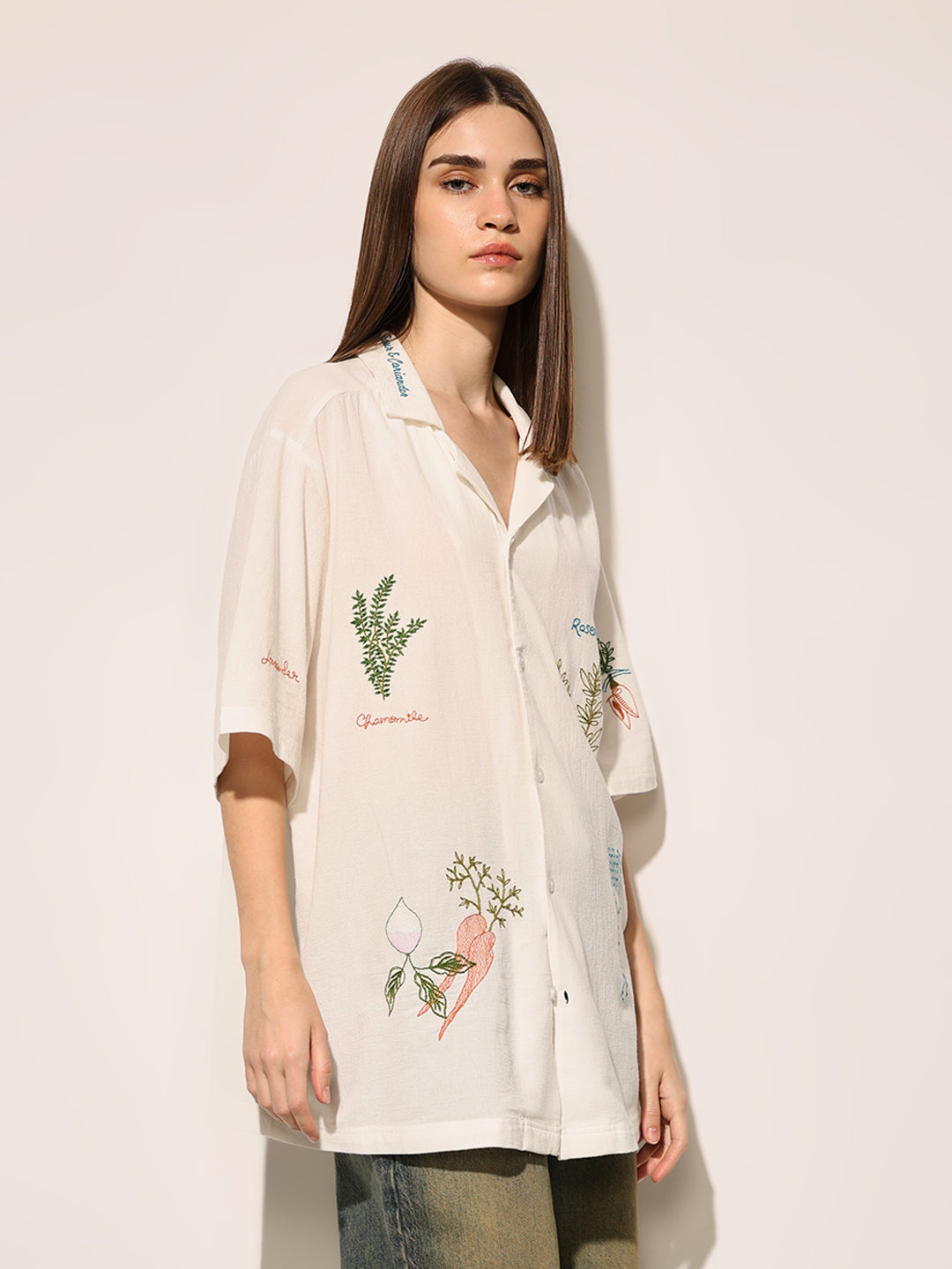 White Printed Cotton Oversized Shirt