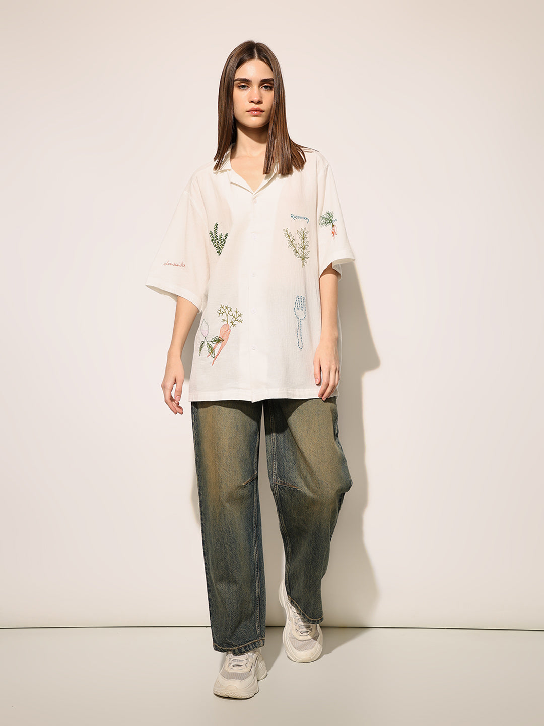 White Printed Cotton Oversized Shirt