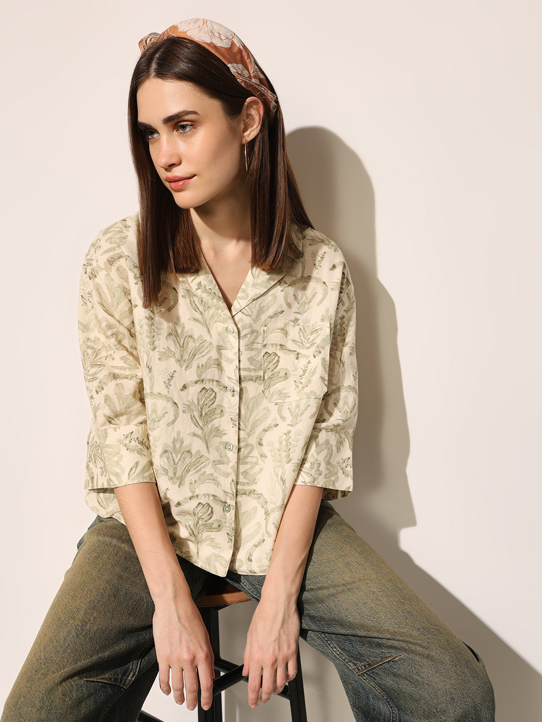 Beige Printed Cropped Shirt