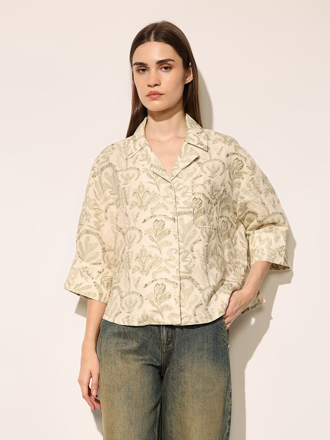 Beige Printed Cropped Shirt