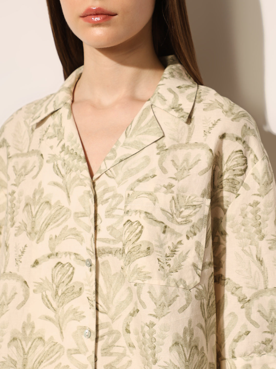 Beige Printed Cropped Shirt