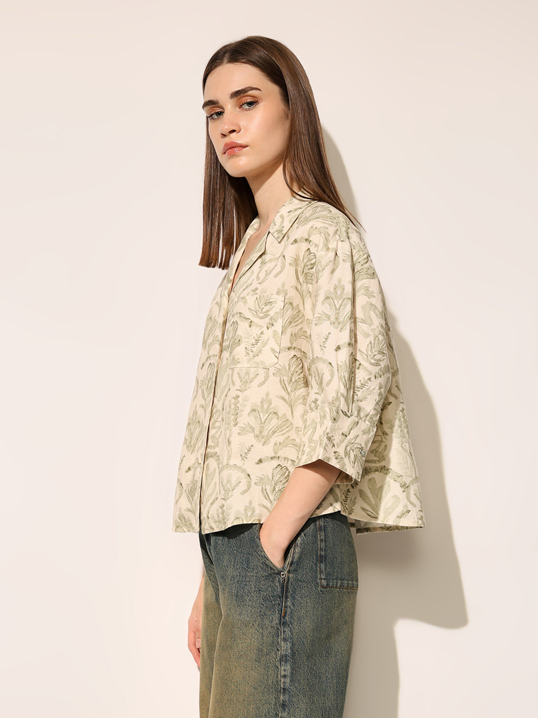 Beige Printed Cropped Shirt