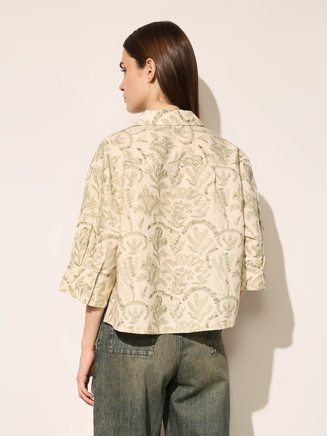 Beige Printed Cropped Shirt