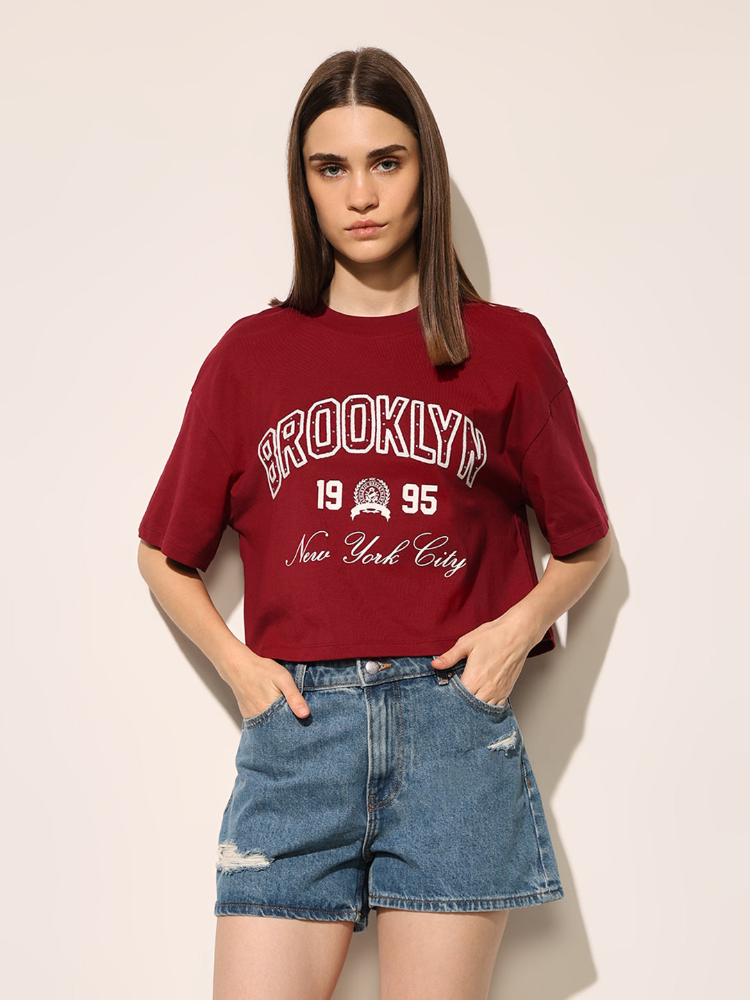 Maroon Printed Boxy Fit T-shirt