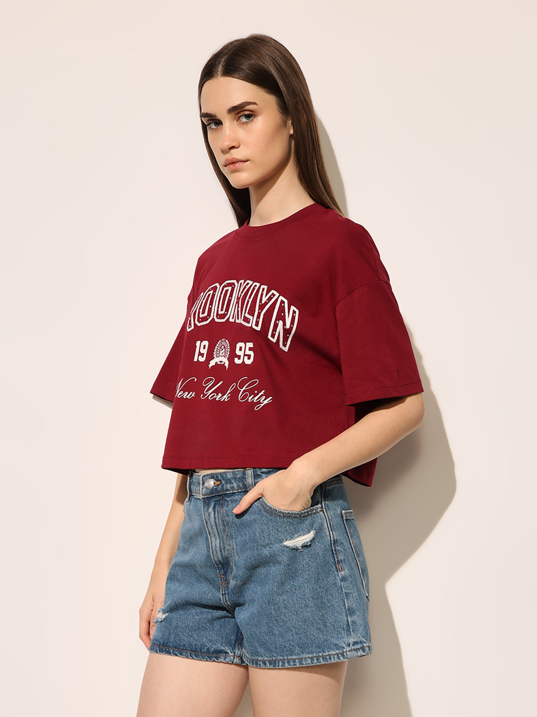 Maroon Printed Boxy Fit T-shirt