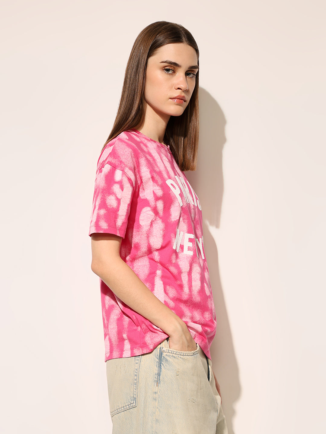 Pink Printed Cotton T-shirt