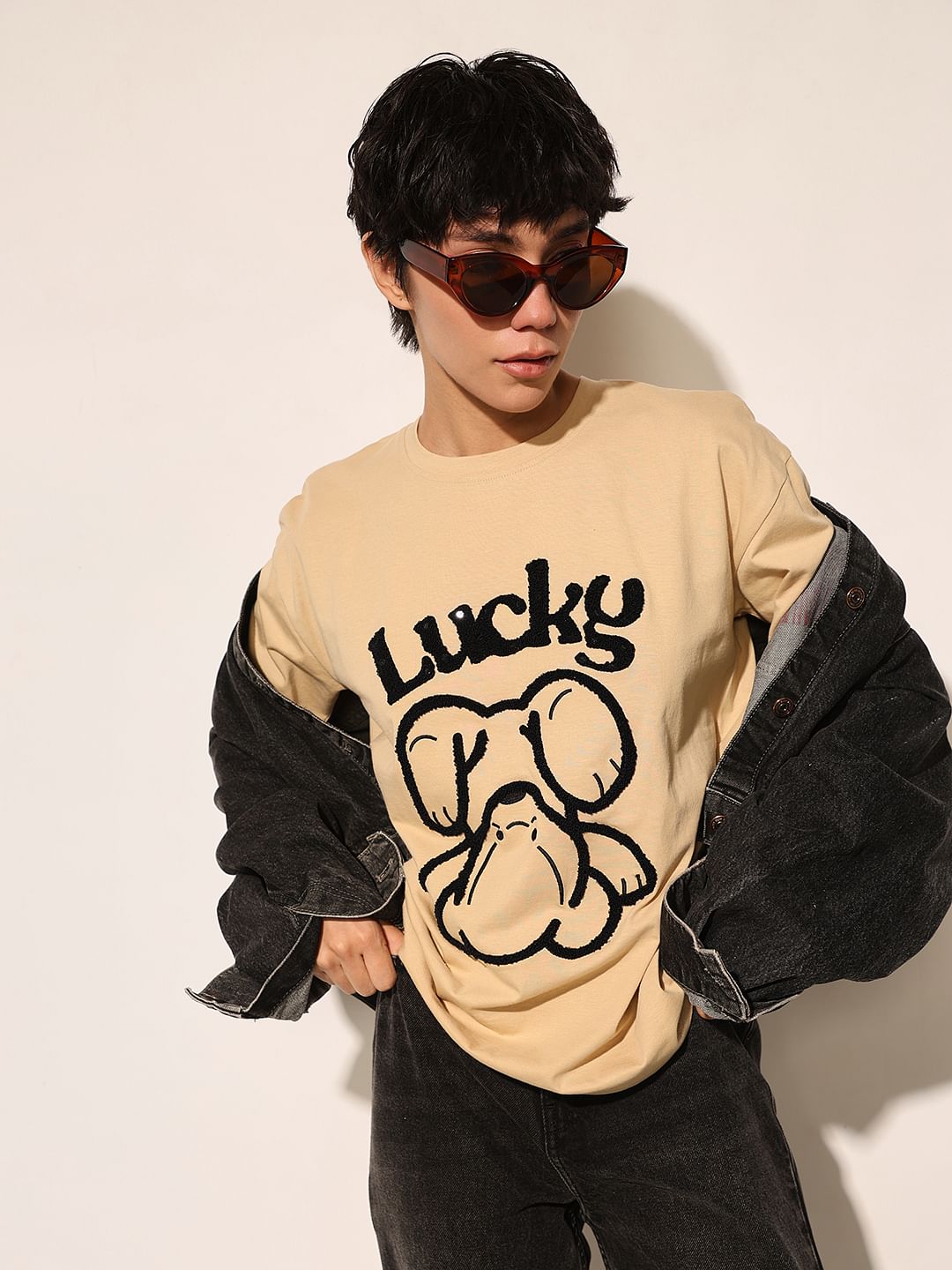 Beige Printed Cotton T-Shirt