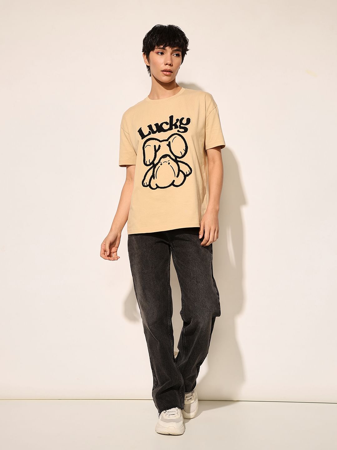 Beige Printed Cotton T-Shirt