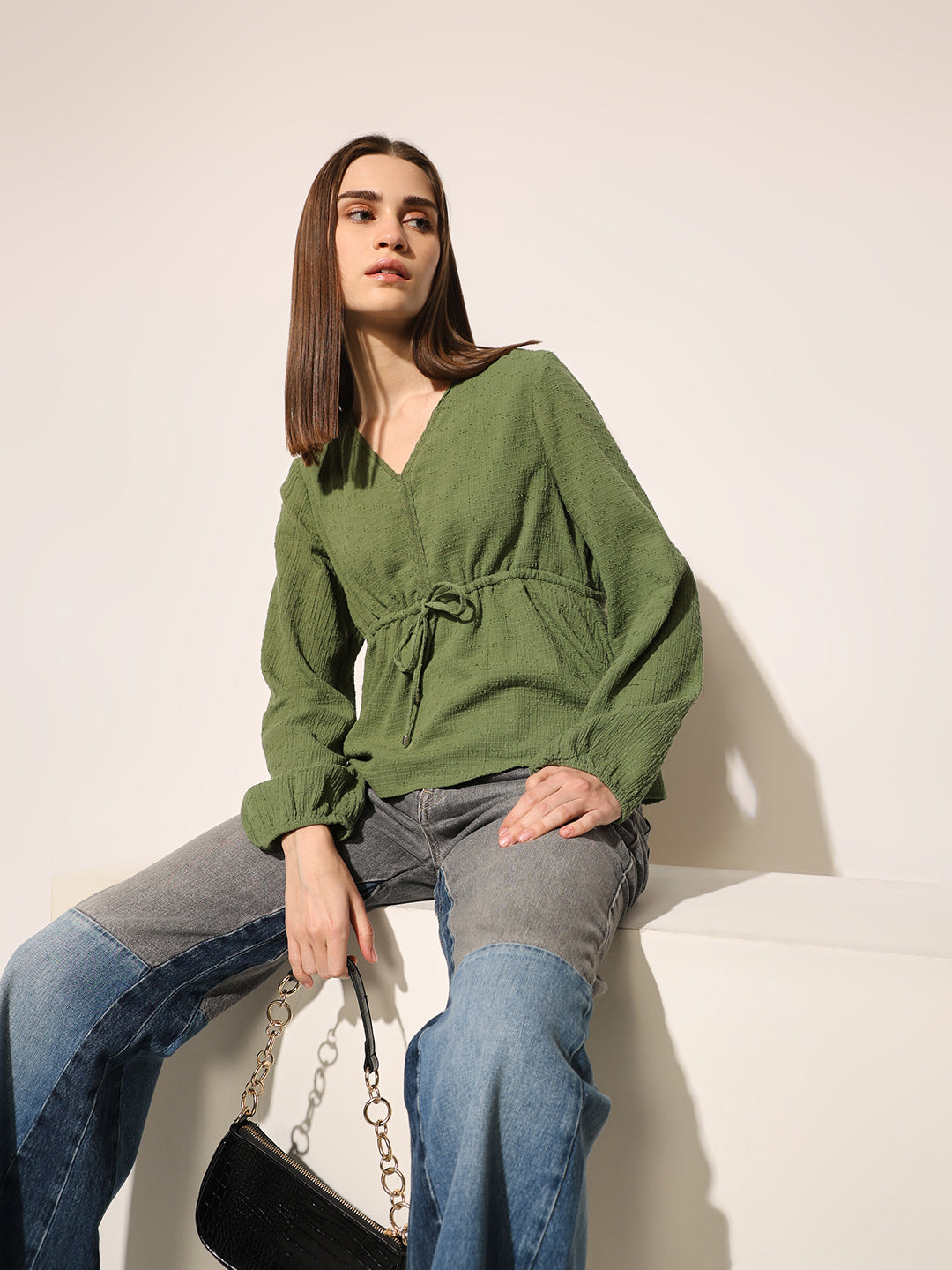Green Textured Tie-Up Top