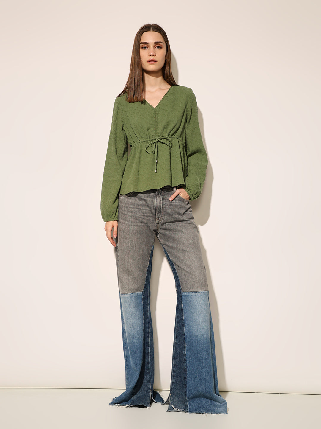 Green Textured Tie-Up Top