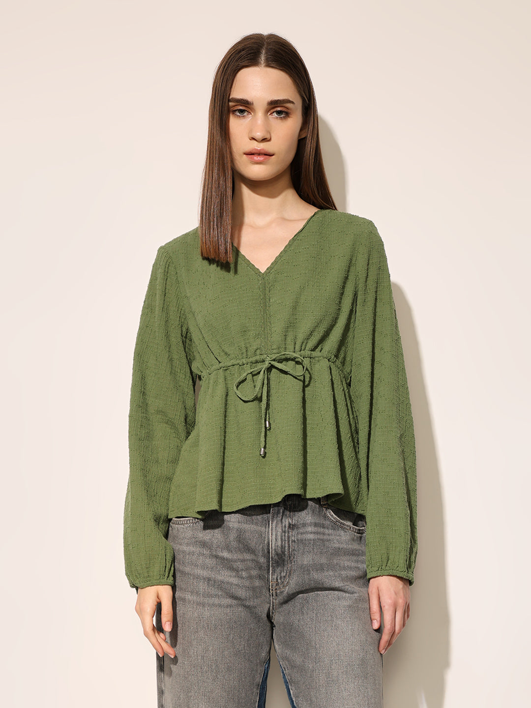 Green Textured Tie-Up Top
