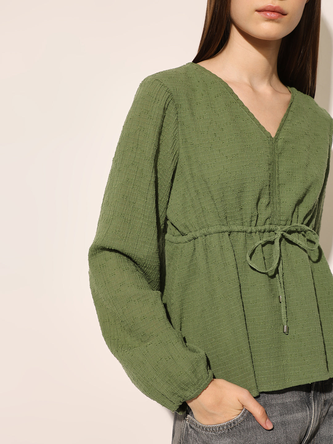 Green Textured Tie-Up Top