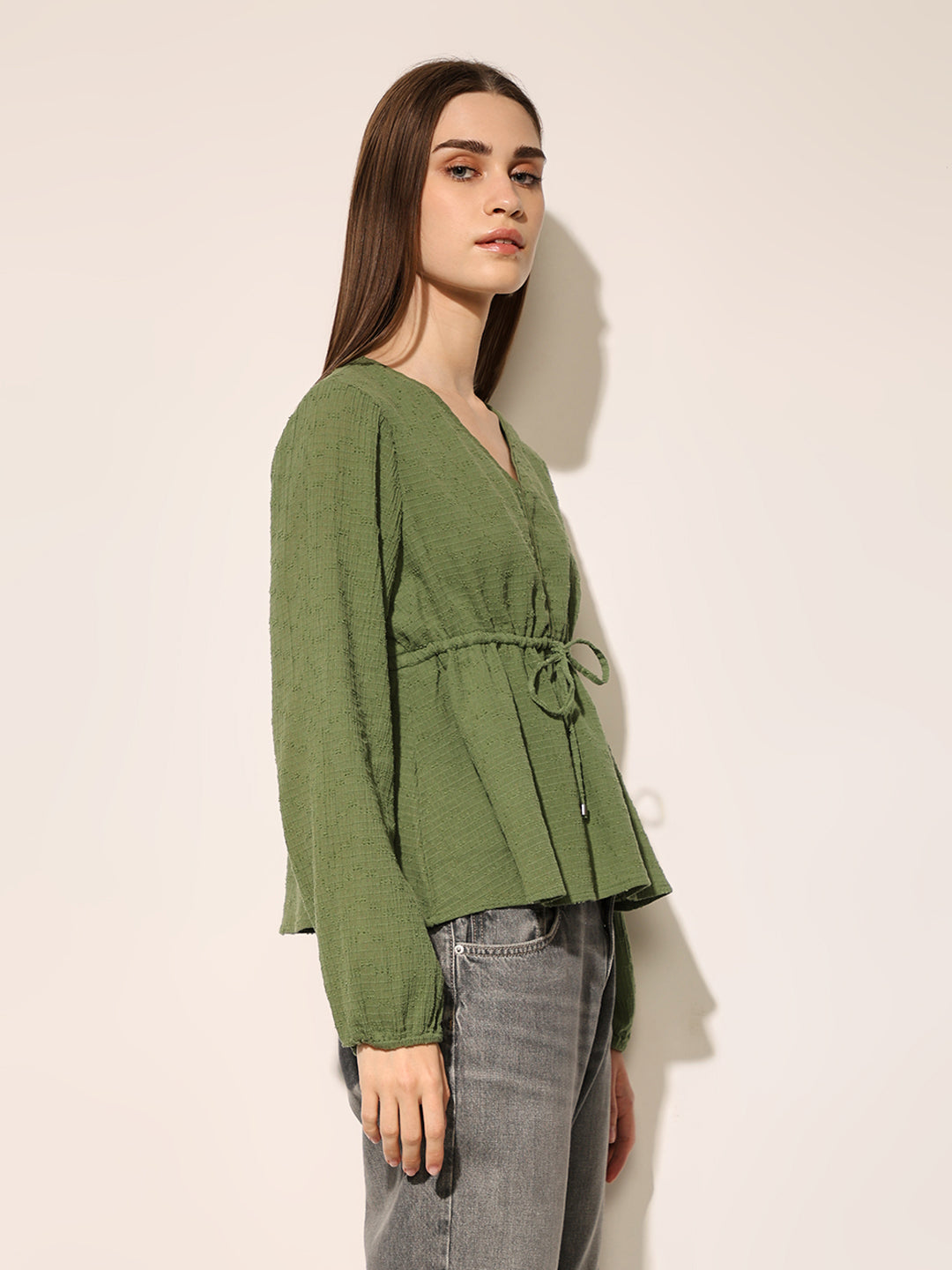 Green Textured Tie-Up Top