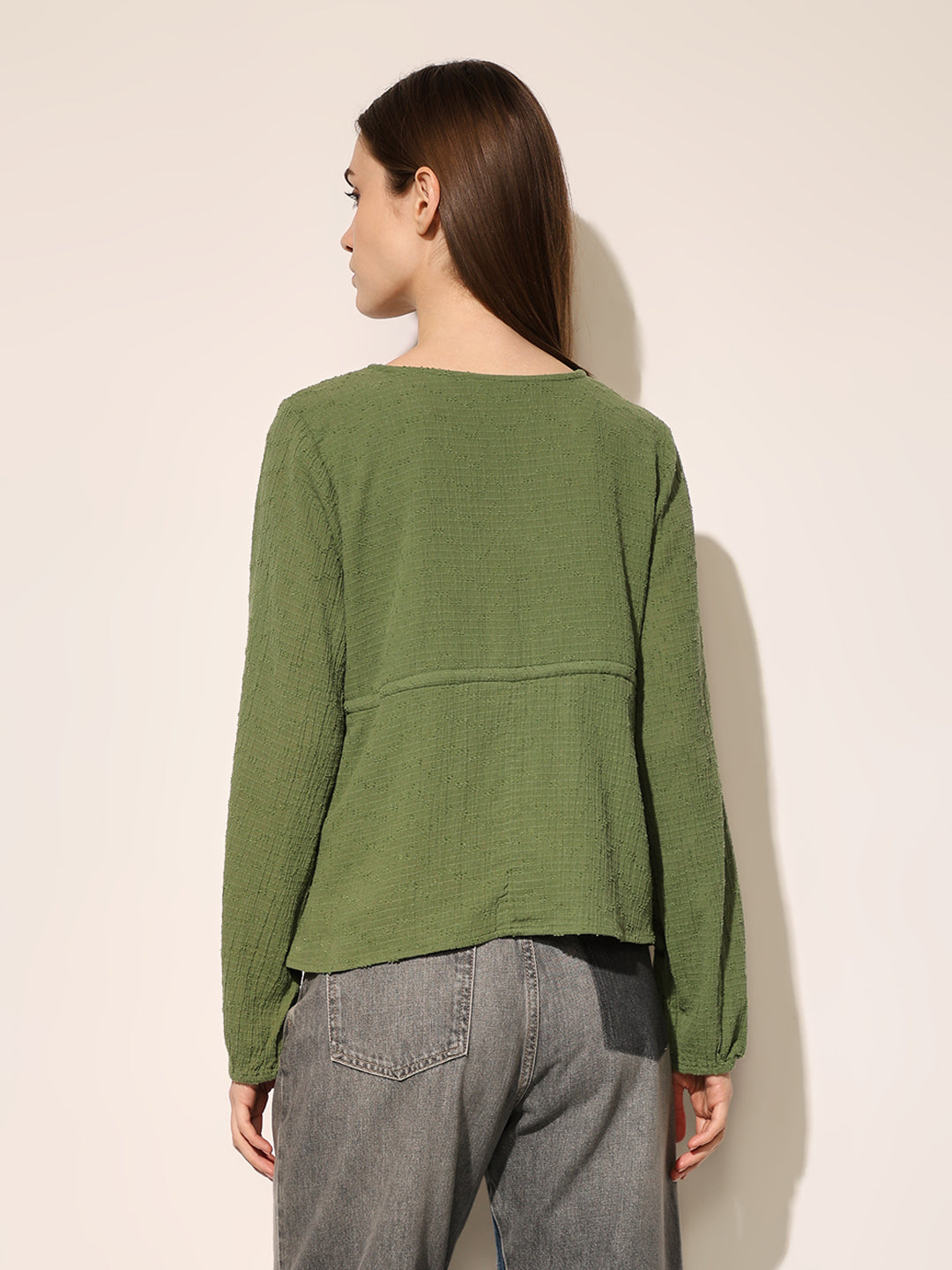 Green Textured Tie-Up Top