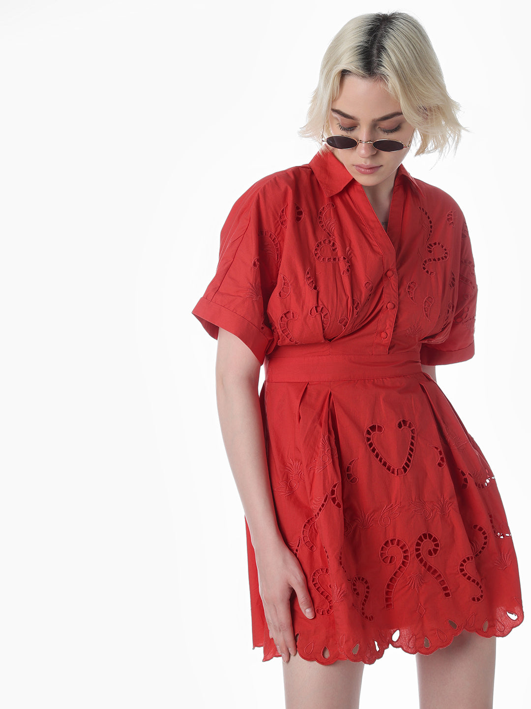 Red Cut-Work Short Shirt Dress