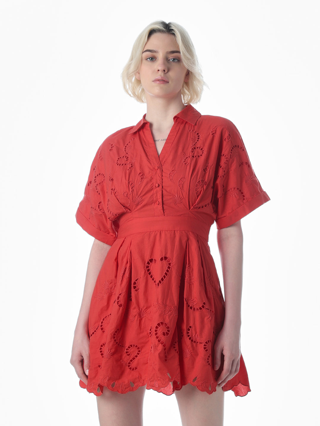 Red Cut-Work Short Shirt Dress