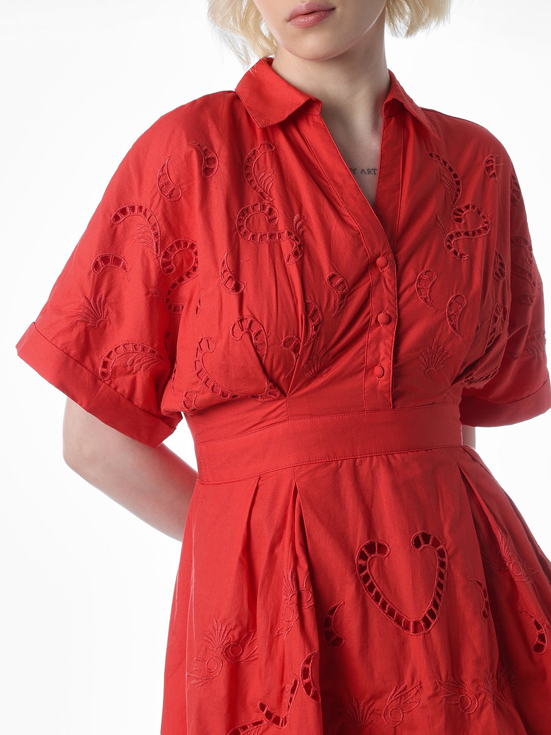 Red Cut-Work Short Shirt Dress
