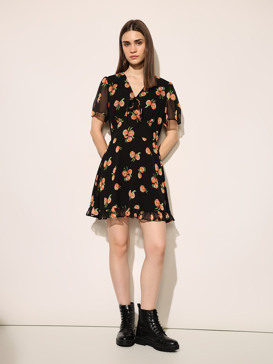 Black Printed V Neck Dress